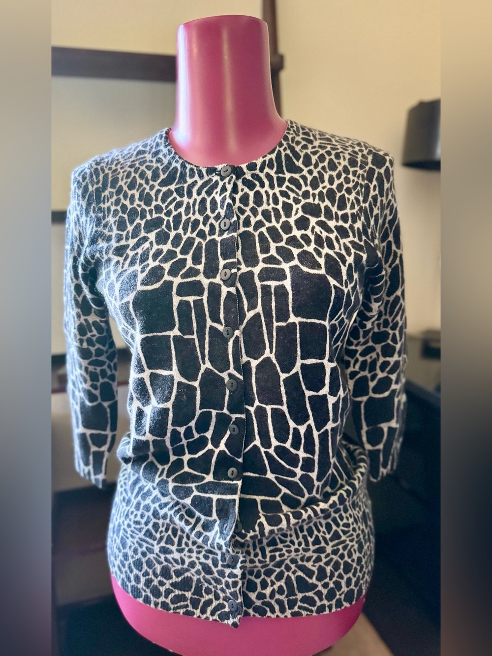 C by Bloomingdales Cashmere Black and White Giraffe Print Cardigan